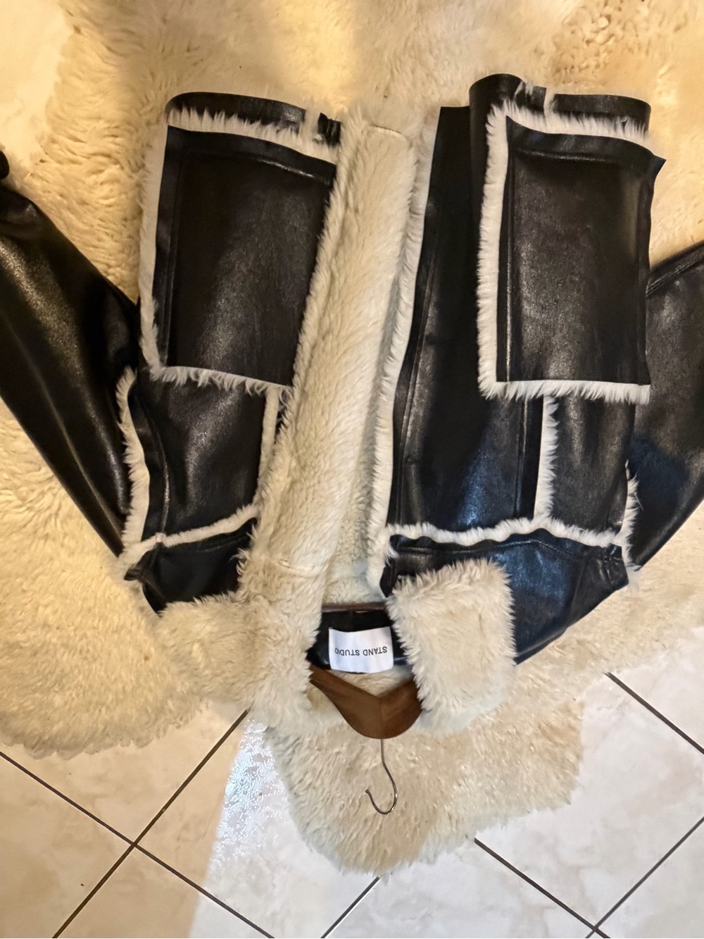 Stand Studio Black Faux-Leather Aviator Jacket with Cream Shearling